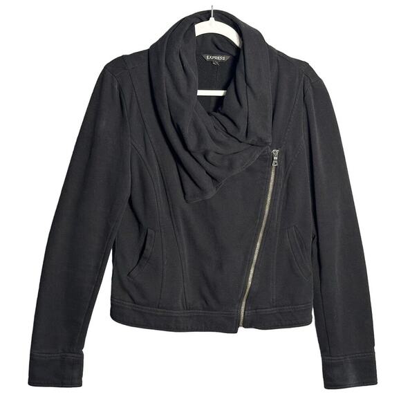 Express Sz Medium Black Cowl Neck Asymmetric Zipper Light Jacket Sweatshirt - Picture 1 of 8
